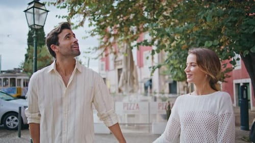 Relaxed Love Tourists Walking Together Contemplating Beautiful Town Closeup