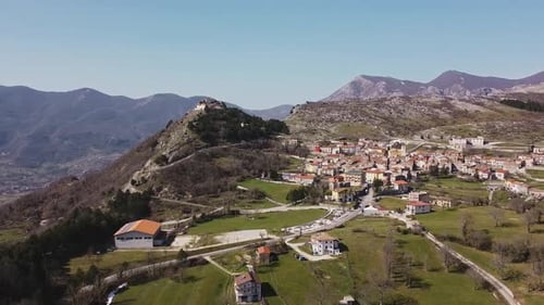 Aerial landscape view of Pietraroja, an italian village on top of a hill, in the Apennines
