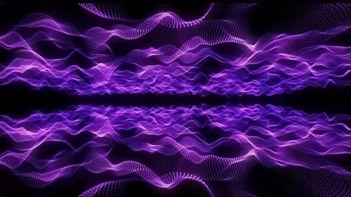 Endless infinite tunnel of moving purple glowing digital waves made of particles.