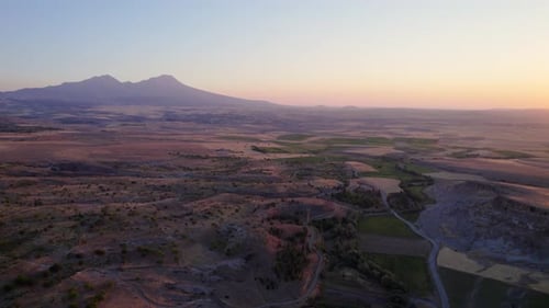Aerial view of agricultural landscape and mountains, Turkey.