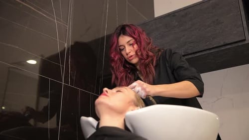 Woman Getting Hair Washed in Elegant Salon