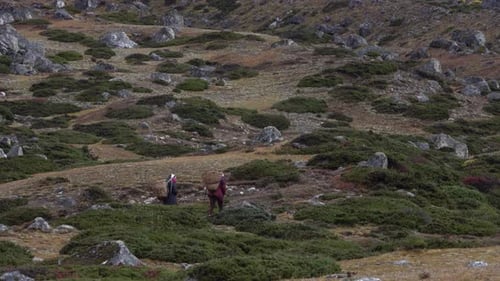 Two local sherpa carrying baskets in rural Himalayan landscape