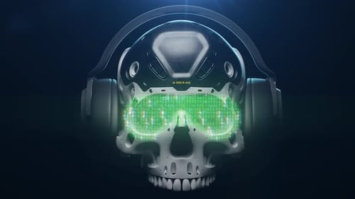 Futuristic skull in headphones. with holographic random code effect