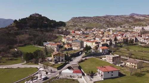 Aerial view of Pietraroja, an italian village on a hill top, on a sunny day