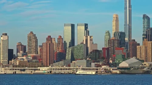 Impressive silhouette of New York skyscrapers, seen from New Jersey waterfront