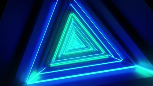 Camera flying in a triangular neon tunnel with blue and turquoise lights