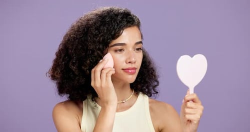 Makeup, blender or woman in studio with mirror, coverage and sponge in self care