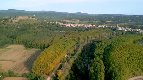 Hostalric aerial images medieval town in Catalonia touristic castle on top of the mountain