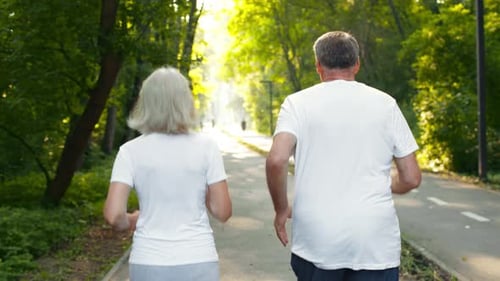 Elderly Couple Enjoys Jogging Together in a Serene Outdoor Park Setting