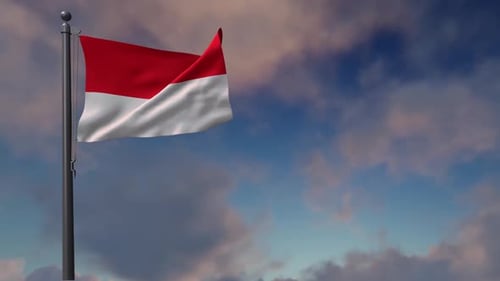 Waving National Flag on Pole with Realistic Cloudy Sky Background