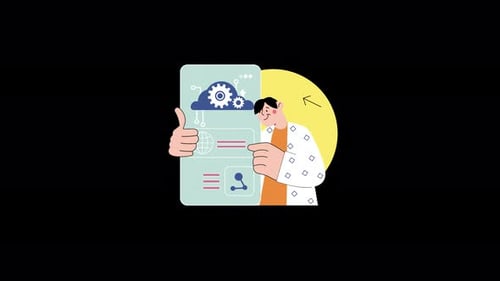 A European man presenting a tech interface illustration.