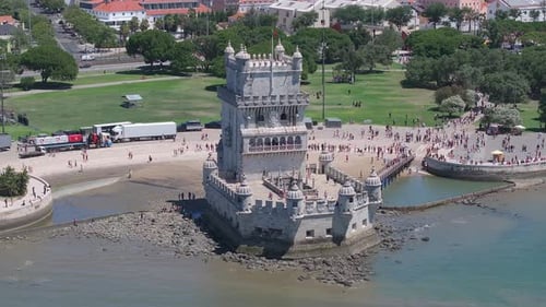 Aerial Close Up View of the Tower of Belem in Lisbon Portugal