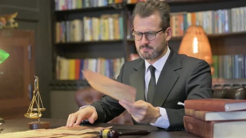 Tense Middle Aged Lawyer Shocked while Reading Court Orders in Office