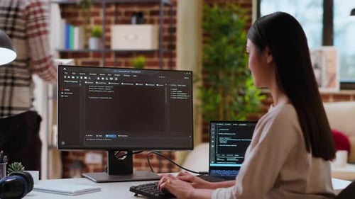 Woman Typing Code at Desk in Home Office