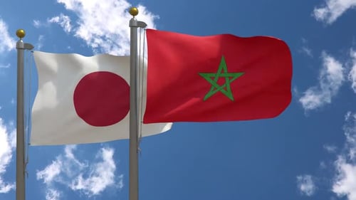 Waving Flags of Japan and Morocco with Blue Sky
