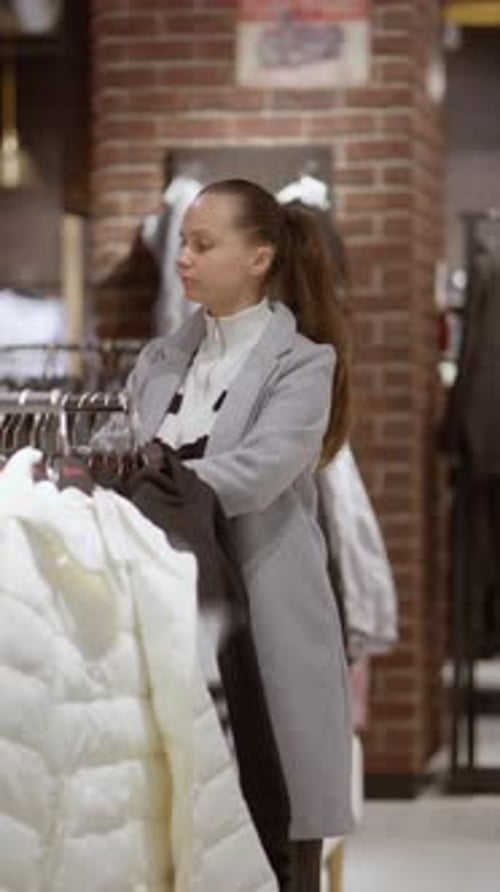 A woman shopping for new clothes in a modern fashion retail store