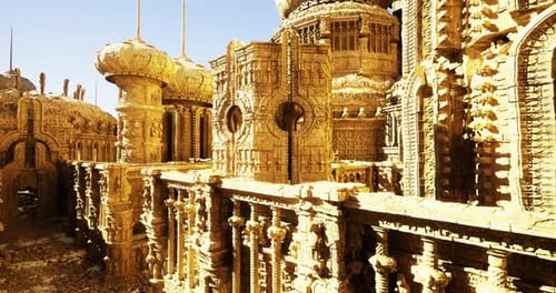 Komplizierte architektonische Strukturen in einer goldenen Fantasielandschaft