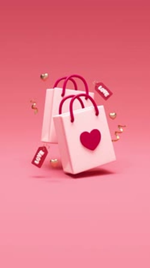 3D Animated Shopping Bags with Love Hearts and Confetti