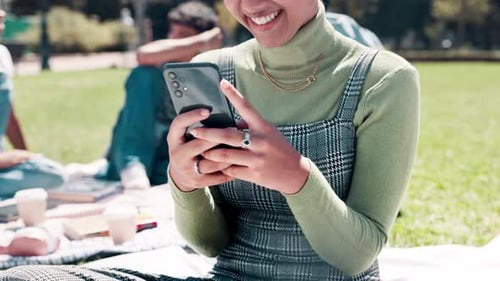 Happy woman, student and hands with phone at university for social media