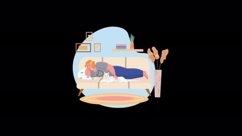 Flat Design Animation of a Person Sleeping on a Sofa with a Cat