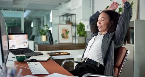 Stretching, employee and woman in office, relax or smile for complete project
