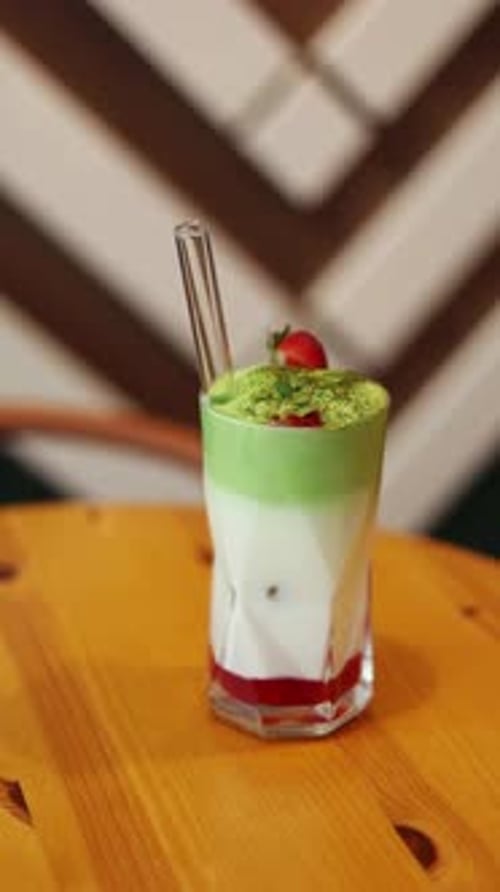Strawberry and Green Powder Layered Beverage