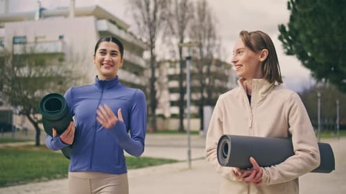 Sport Ladies Talking on Walk at Spring Neighbourhood. Close Up Girls Friends