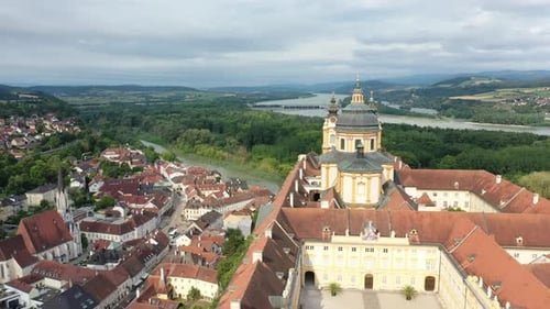 Aerial View of the Historic Benedictine Monastery on a Cliff Above the Danube River in Melk and Its