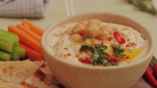 Delicious Hummus with Fresh Vegetables and Flatbread