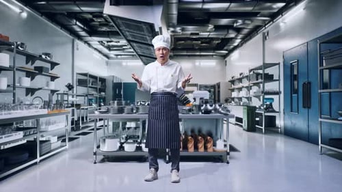 Chef Gesturing in Commercial Kitchen