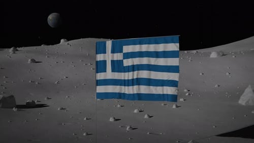 Realistic Greek Flag Waving on Moon Surface with Earth in Space