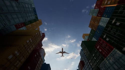 Airplane Flying Over Stacked Shipping Containers Global Logistics