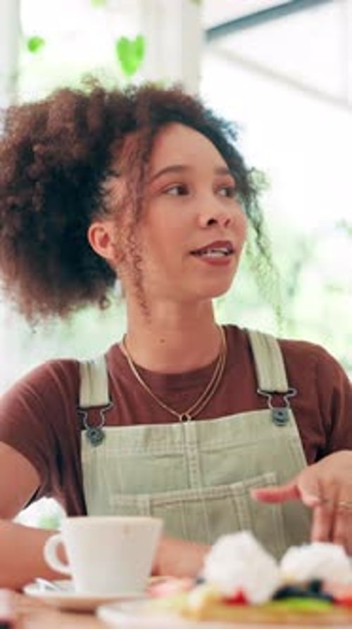 Break, conversation and smile with woman in coffee shop for hospitality, relaxing or service