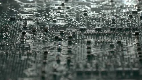 Top down view of electronic circuit board with microchips