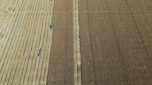 Drone View of Various Agriculture Machine Collects Ripe Wheat Field.