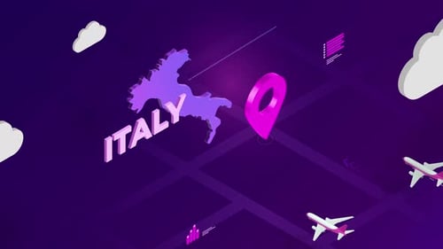 Isometric Italy Map Travel Animation with Location Pin