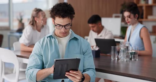 Meeting, reading or man with tablet in media agency, planning editorial calendar