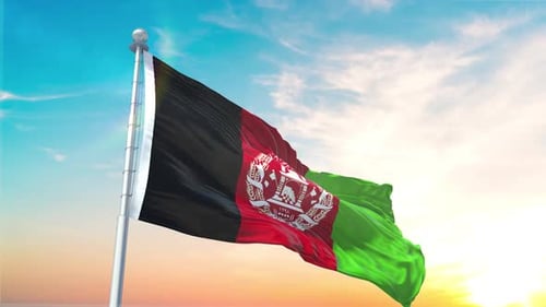 Realistic Waving Afghanistan Flag Against a Sunset Sky