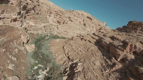 FPV Mar Saba Greek Orthodox Monastery in Israel Judaean Desert, Aerial view