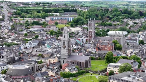 Aerial footage of the Cathedral and Shandon Clock Tower in Cork, Ireland