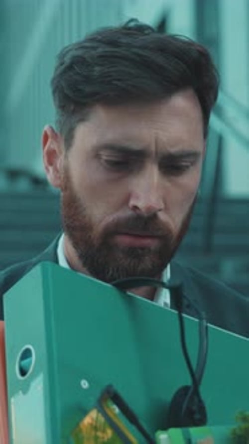 A Professional Man Dressed in Business Attire is Carrying Office Supplies Outside the Building