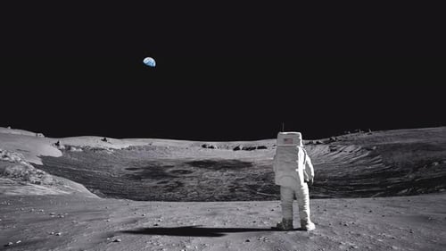 Astronaut Walks on Moon Surface and Observes Earth