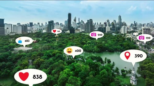 Social Media Icons Fly Over City Downtown Showing People Reciprocity Connection