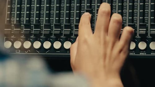 Soundboard Pads Station Closeup Sound Designer Use Digital Audio Mixer in Production Studio Sound