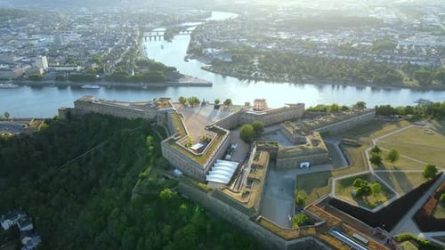 Aerial shot of Ehrenbreitstein Fortress in Germany, a UNESCO World Heritage Site built between 1817-