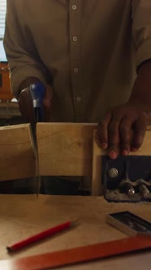 Carpenter Sawing Wooden Plank at Workbench