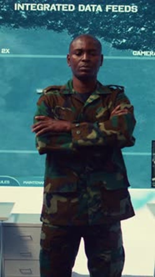 Vertical Video Portrait Confident Military General with Camo Uniform in Mission Control Center