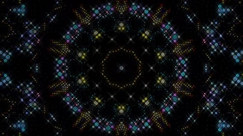 Abstract Kaleidoscopic Light Pattern with Glowing Circles and Squares
