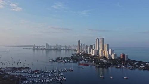 Scenic Cartagena bay (Bocagrande) and city skyline at sunset. Cartagena skyline Colombia at sunset.