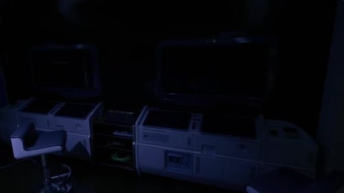 Night Shift Control Area Overnight Command Center with Consoles and Lights